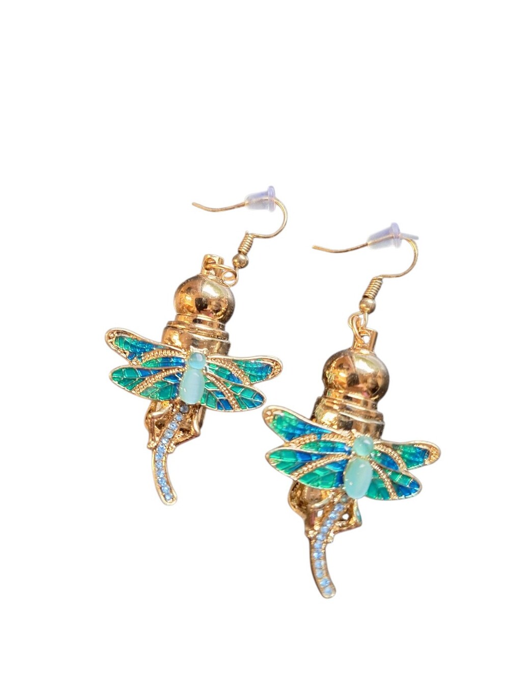Statement Dragonfly Earrings Gold Toned Green Inlay Whimsical Bohemian PERFUME